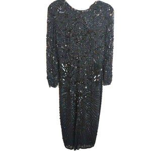 Black Evening Formal Cocktail Dress Sequence & beaded Long Sleeves sz small